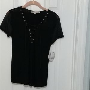 Black Mesh Sleeved Lace Up Front Top